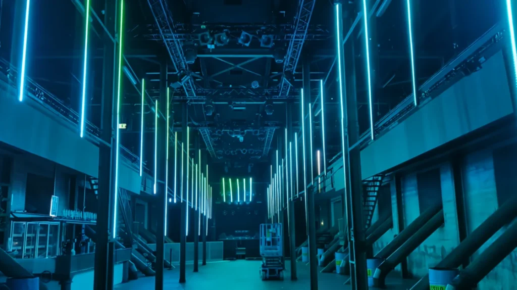 tunnel lichtshow tijdens opbouw in de Now & Wow